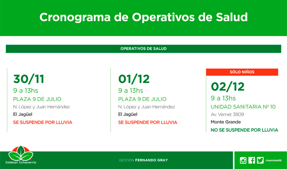 El Municipio de Esteban Echeverría realizará, durante esta semana, controles de salud y vacunación para niños y adultos, de 9 a 13, en El Jagüel y Monte Grande.