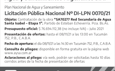 SE LANZA LA LICITACIÓN PARA LA RED SECUNDARIA DE AGUA POTABLE DEL BARRIO SANTA ISABEL