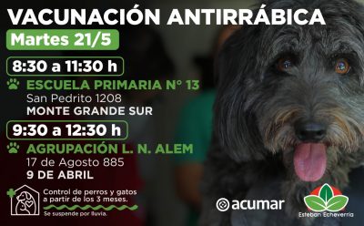 NUEVAS JORNADAS DE VACUNACIÓN ANTIRRÁBICA EN MONTE GRANDE SUR Y 9 DE ABRIL