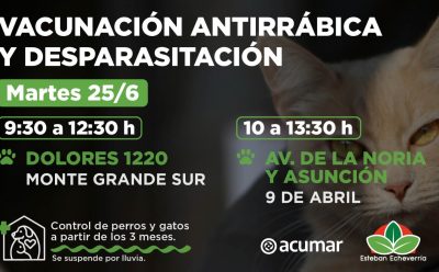 EL MUNICIPIO REALIZARÁ JORNADAS DE VACUNACIÓN ANTIRRÁBICA Y DESPARASITACIÓN EN MONTE GRANDE SUR Y 9 DE ABRIL