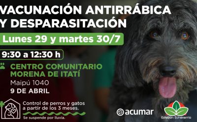 NUEVAS JORNADAS DE VACUNACIÓN ANTIRRÁBICA Y DESPARASITACIÓN EN 9 DE ABRIL