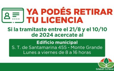 LICENCIA DE CONDUCIR: QUIENES LA TRAMITARON ENTRE AGOSTO Y OCTUBRE YA PUEDEN RETIRARLA EN EL EDIFICIO MUNICIPAL