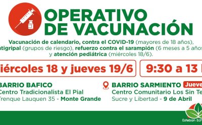 OPERATIVOS DE VACUNACIÓN GRATUITA EN MONTE GRANDE SUR Y 9 DE ABRIL