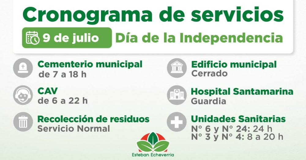 CRONOGRAMA DE SERVICIOS MUNICIPALES DURANTE EL FERIADO DEL 9 DE JULIO