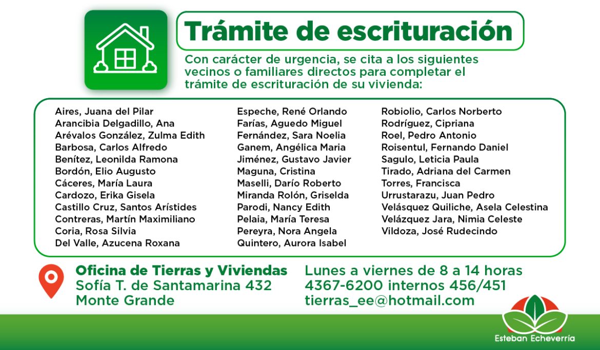 EL MUNICIPIO CITA A VECINAS Y VECINOS PARA COMPLETAR SUS TRÁMITES DE ESCRITURACIÓN DE VIVIENDAS