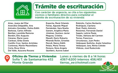 EL MUNICIPIO CITA A VECINAS Y VECINOS PARA COMPLETAR SUS TRÁMITES DE ESCRITURACIÓN DE VIVIENDAS