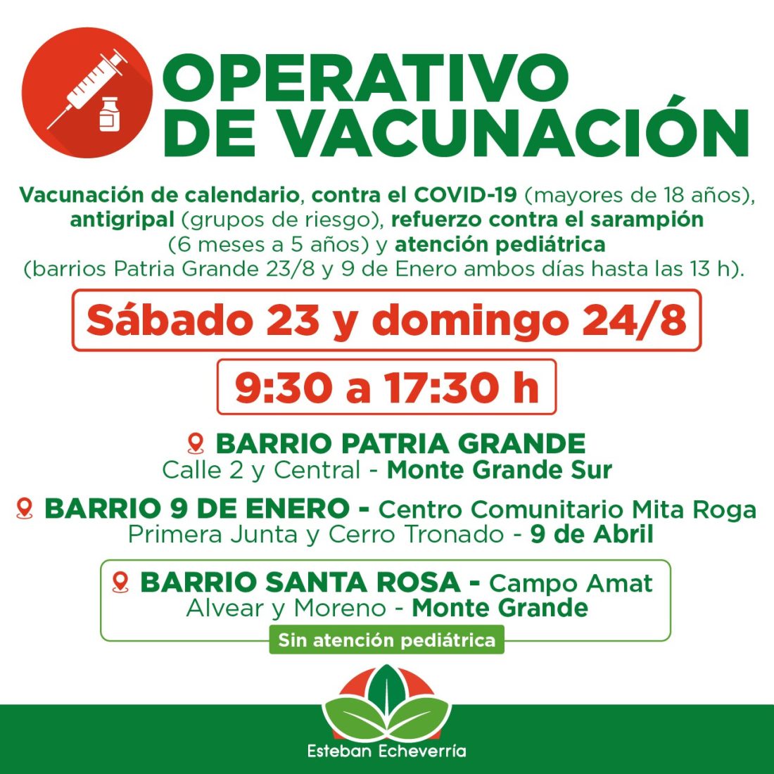 NUEVOS OPERATIVOS GRATUITOS DE VACUNACIÓN EN ESTEBAN ECHEVERRÍA