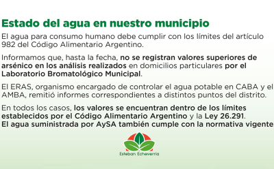 EL ENTE REGULADOR DE AGUA Y SANEAMIENTO INFORMÓ QUE EL AGUA EN ESTEBAN ECHEVERRÍA NO REGISTRA VALORES SUPERIORES DE ARSÉNICO