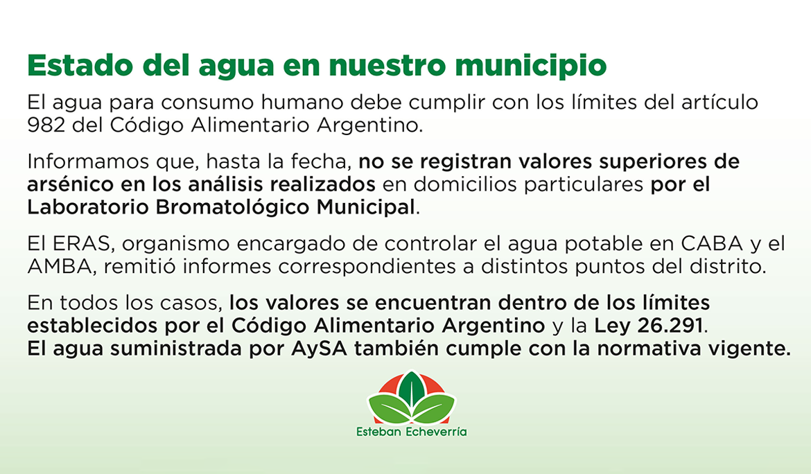 EL ENTE REGULADOR DE AGUA Y SANEAMIENTO INFORMÓ QUE EL AGUA EN ESTEBAN ECHEVERRÍA NO REGISTRA VALORES SUPERIORES DE ARSÉNICO